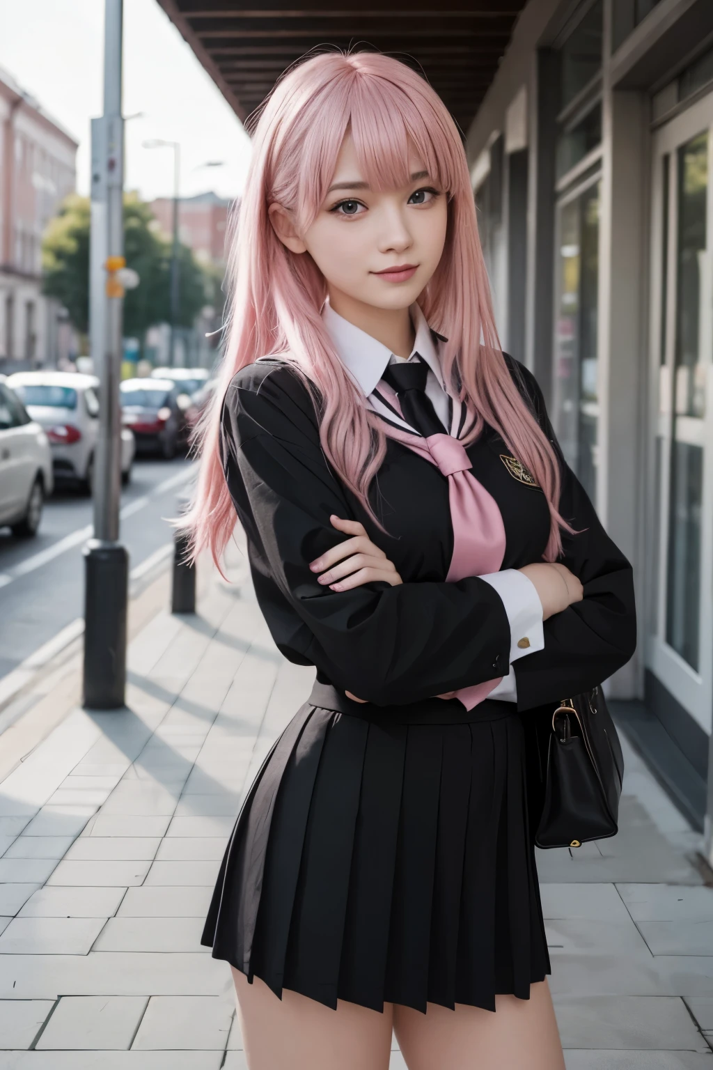 (1Woman, Russian, Beautiful, badass, smiling, 18yo, ((Messy pink hair with a fringe)), (pink perfects eyes), ((wearing ((black)) school uniform))), ((In a school corridor)),