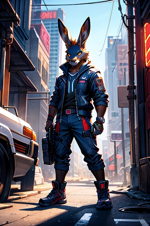 fit, anthropomrphic, jackalope man, mechanic, working on a truck, cyberpunk