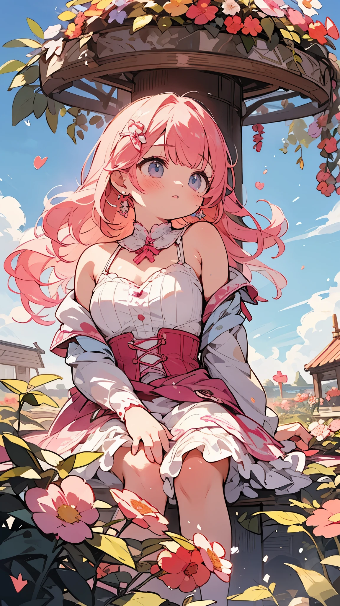 wide angle,Pink theme throughout,angle from below,Sitting on the ground of a flower garden farm during the blue sky daytime and looking up at the sky,body facing forward１girl,Oversized white fluffy blouse,red corset flare skirt,Long, waist-length pink hair waving in the wind,delicate makeup,とてもshort bangs,sparkling pink diamond accessories,earrings with large jewels,delicate makeup,Too eyebrows,colored contact lenses,short bangs,Sparkly glitter