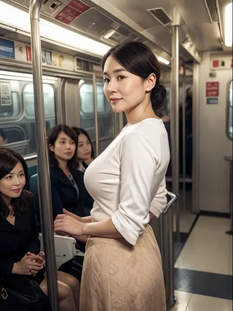 in 8K、Raw photography、Highest Quality、realisitic、Photorealsitic、Professional Lighting、​masterpiece、Very delicate and beautiful woman).A woman looking back at me and stands on empty subway, wearing a knit and a long skirt. No one else on board.45 years old....