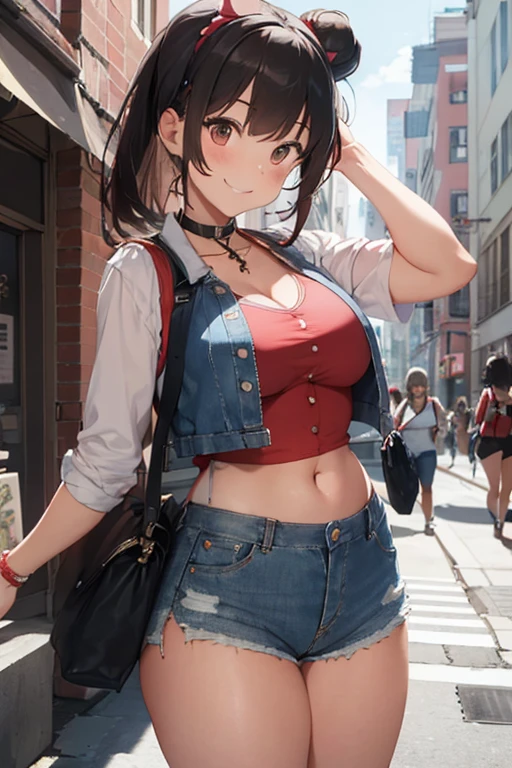 masterpiece、The best、1 female、denim vest、Denim shorts、Red shirt， Bun bun、black hair、Shoulder leakage、big breasts、chubby、Smile、White suspenders、lace leggingackpack，On campus，pose，Street culture