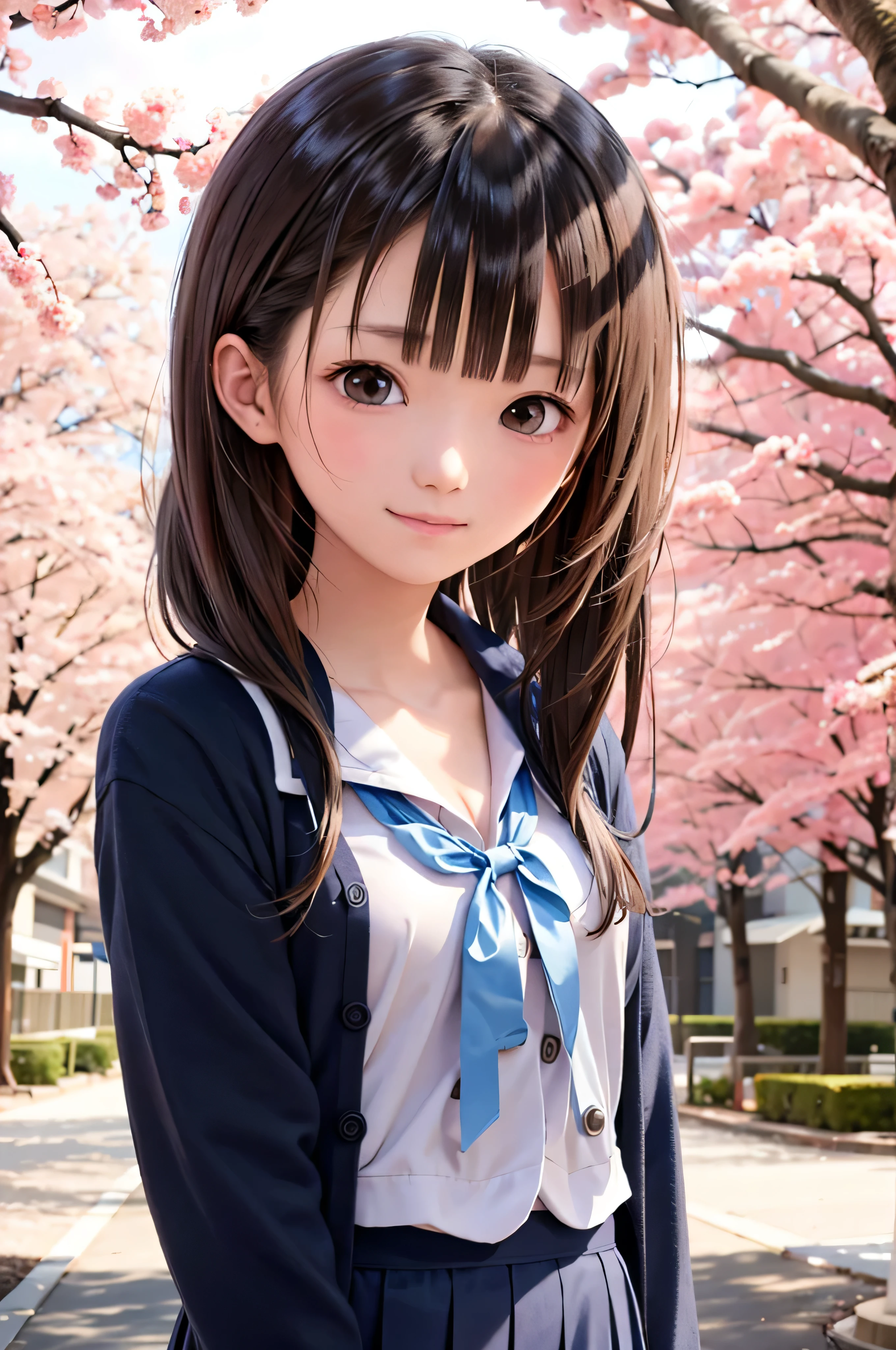 Портрет японских учениц младших классов средней школы в стиле аниме, стоящих под цветущей весенней сакурой. она смотрит в сторону, ее длинные каштановые волосы развеваются на ветру. У девушки спокойное выражение лица, Наблюдая за метелью цветущей вишни, освещенной мягким розовым светом.. ее глаза черные и блестящие, с едва уловимой улыбкой. На ней японка, белая блузка и темно-синий кардиган.。。, Сияя мягким весенним солнечным светом. Девушка изображена маленькой в рамке.. На заднем фоне, Ярко-розовые ветви вишни размыты. Сцена спокойствия, яркий, и спокойная атмосфера, Напоминает вам о прекрасных моментах японского аниме..
