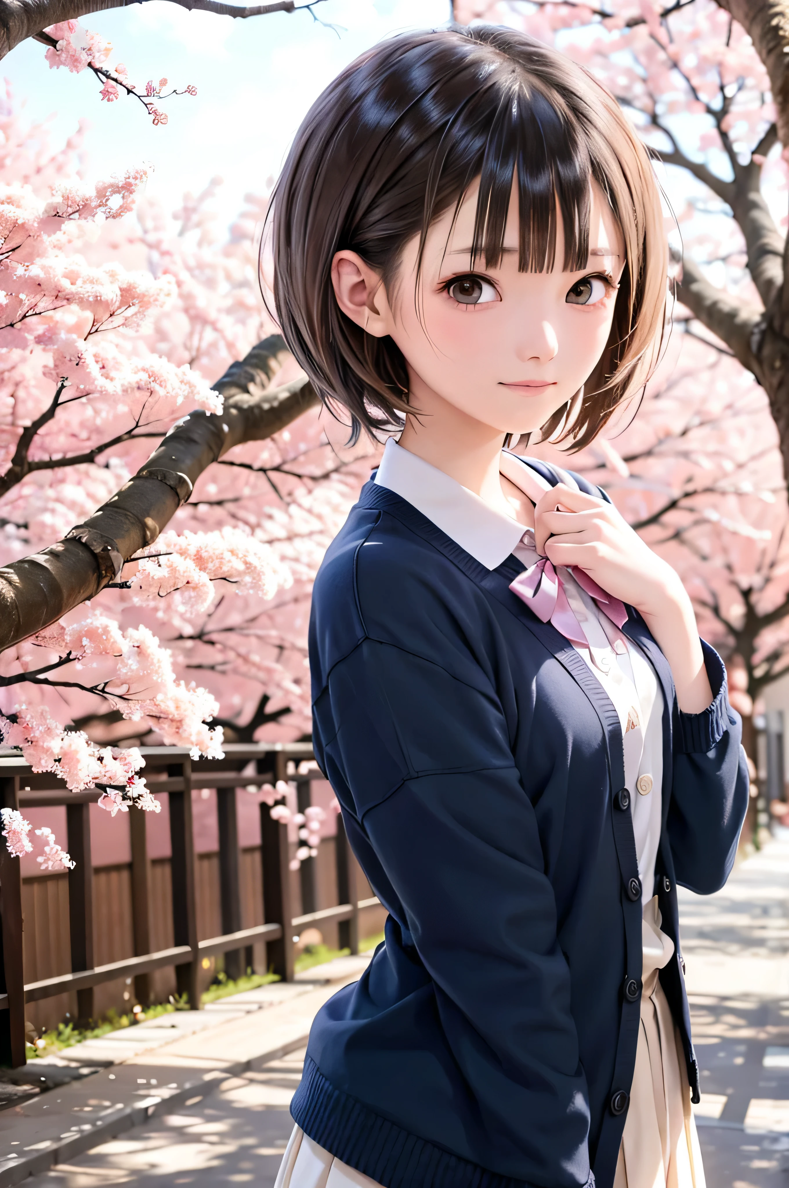 Anime-style portrait of Japanese junior high school girls standing under spring cherry blossoms. she is looking to the side, her long brown hair blows in the wind. The girl has a calm expression, While watching the cherry blossom snowstorm illuminated by soft pink light. her eyes are black and shining, with a subtle smile. She is wearing a Japanese  with a white blouse and a navy blue cardigan。。, Shining in the soft spring sunlight. The girl is depicted small in the frame. in the background, Bright pink cherry blossom branches are blurred. A scene of tranquility, bright, and peaceful atmosphere, Reminds you of the beautiful moments of Japanese anime.