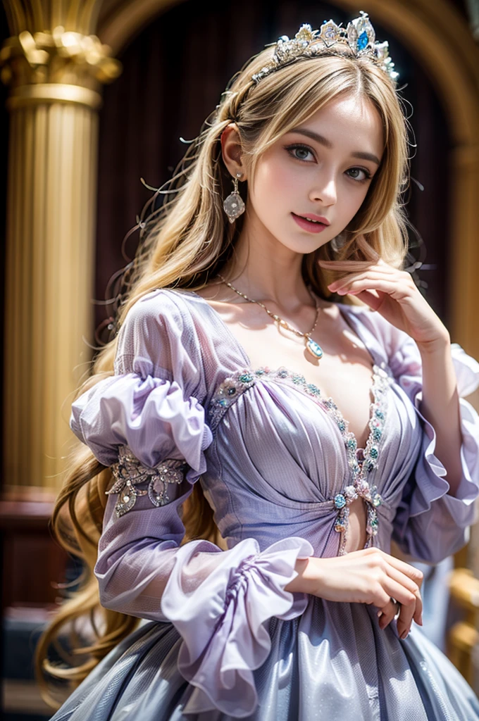 ((RAW shooting:1.5, realistic:1.5, 8K, highest quality, masterpiece, ultra high resolution)), Interior of a luxurious French royal palace, professional camera work:1.3, Highly detailed skin and facial textures:1.3, glow light effect, Super detailed:1.3, 1 cute 15 year old polish princess, Fair skin, Glossy skin, (elegant:1.4, small face), Ultimate Cute Face:1.5, (Eyes that give a sense of cleanliness:0.9, looking far away), smile:1.0, (mouth is slightly open:0.4, Clean and refreshing taste:0.7), double eyelid, ((super long blonde curl hair)), tiara, necklace and earrings, ((elegantで光沢のあるサテンのプリンセスドレスをオフショルダーで正しく着こなす方法)), breast size is medium, cowboy shot