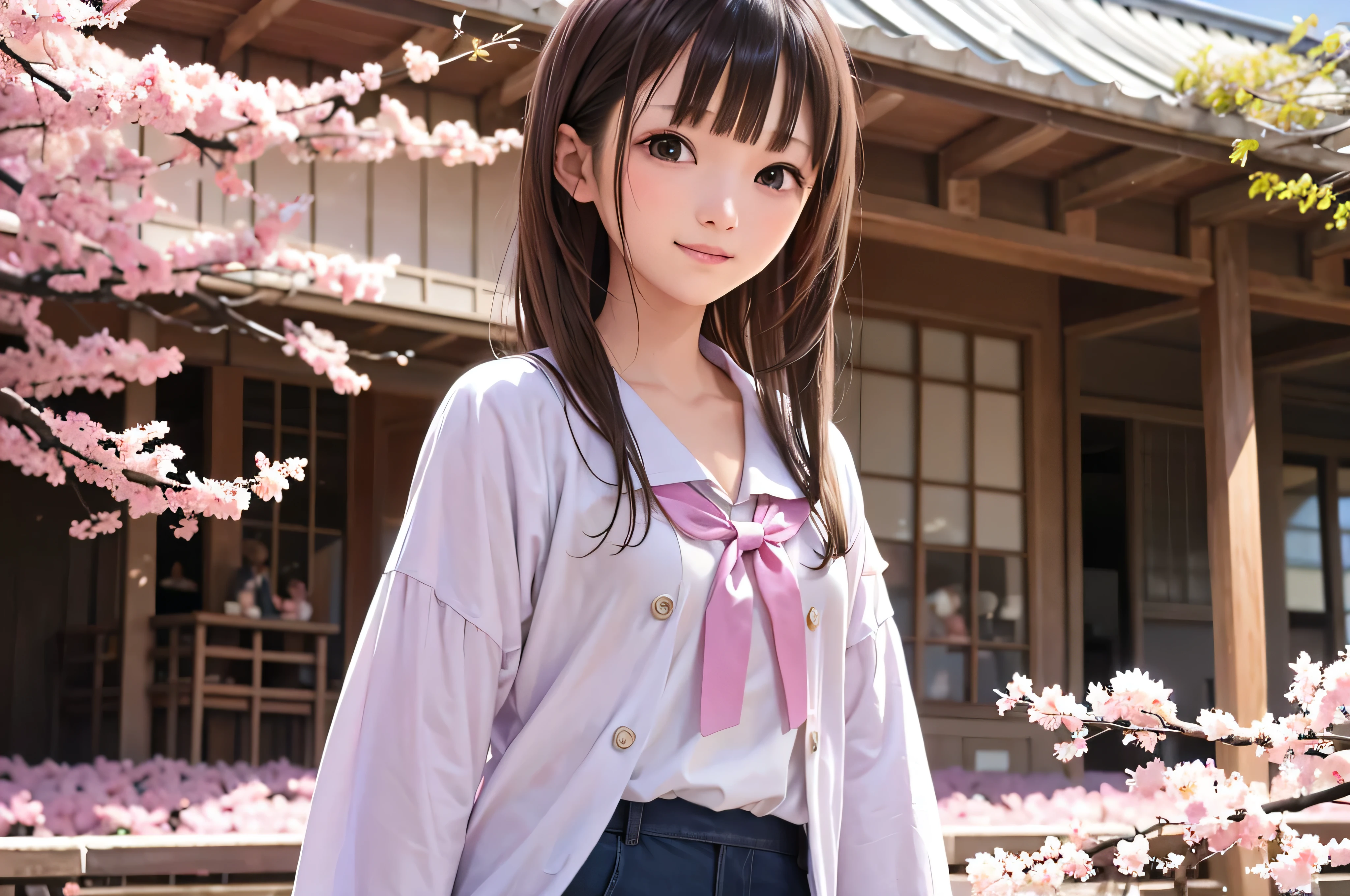 Портрет японских учениц младших классов средней школы в стиле аниме, стоящих под цветущей весенней сакурой. она смотрит в сторону, ее длинные каштановые волосы развеваются на ветру. У девушки спокойное выражение лица, Наблюдая за метелью цветущей вишни, освещенной мягким розовым светом.. ее глаза черные и блестящие, с едва уловимой улыбкой. На ней японка, белая блузка и темно-синий кардиган.。。, Сияя мягким весенним солнечным светом. Девушка изображена маленькой в рамке.. На заднем фоне, Ярко-розовые ветви вишни размыты. Сцена спокойствия, яркий, и спокойная атмосфера, Напоминает вам о прекрасных моментах японского аниме..