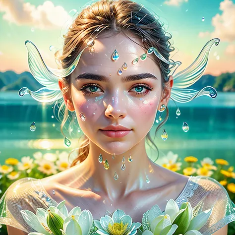 1 bela mulher+flores transparentes),(water drops), fundo luminoso, Primeiro plano escuro, magical light stream, silver vapor env...
