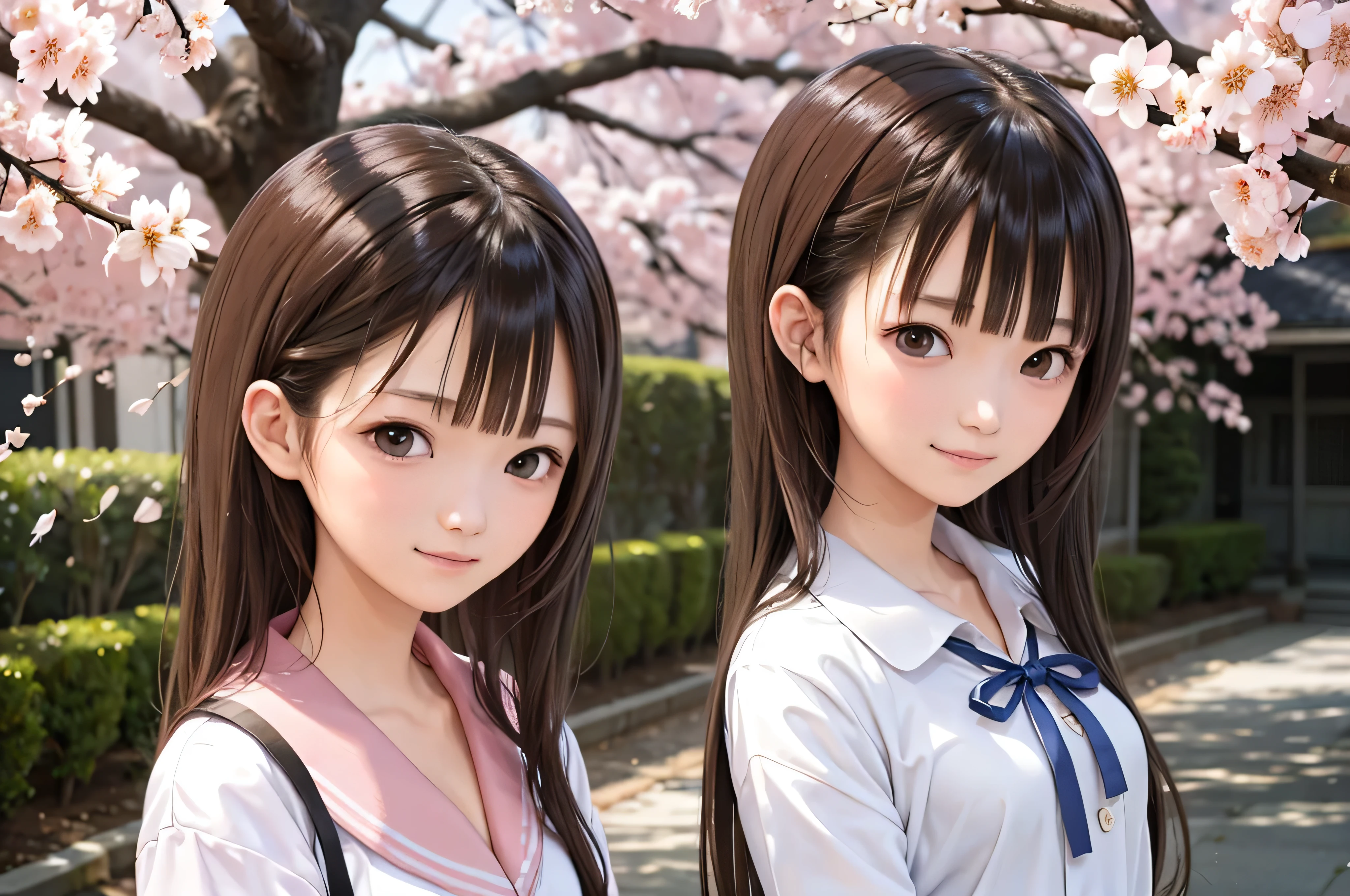 Anime-style portrait of Japanese junior high school girls standing under spring cherry blossoms. she is looking to the side, her long brown hair blows in the wind. The girl has a calm expression, While watching the cherry blossom snowstorm illuminated by soft pink light. her eyes are black and shining, with a subtle smile. She is wearing a Japanese  with a white blouse and a navy blue cardigan。。, Shining in the soft spring sunlight. The girl is depicted small in the frame. in the background, Bright pink cherry blossom branches are blurred. A scene of tranquility, bright, and peaceful atmosphere, Reminds you of the beautiful moments of Japanese anime.