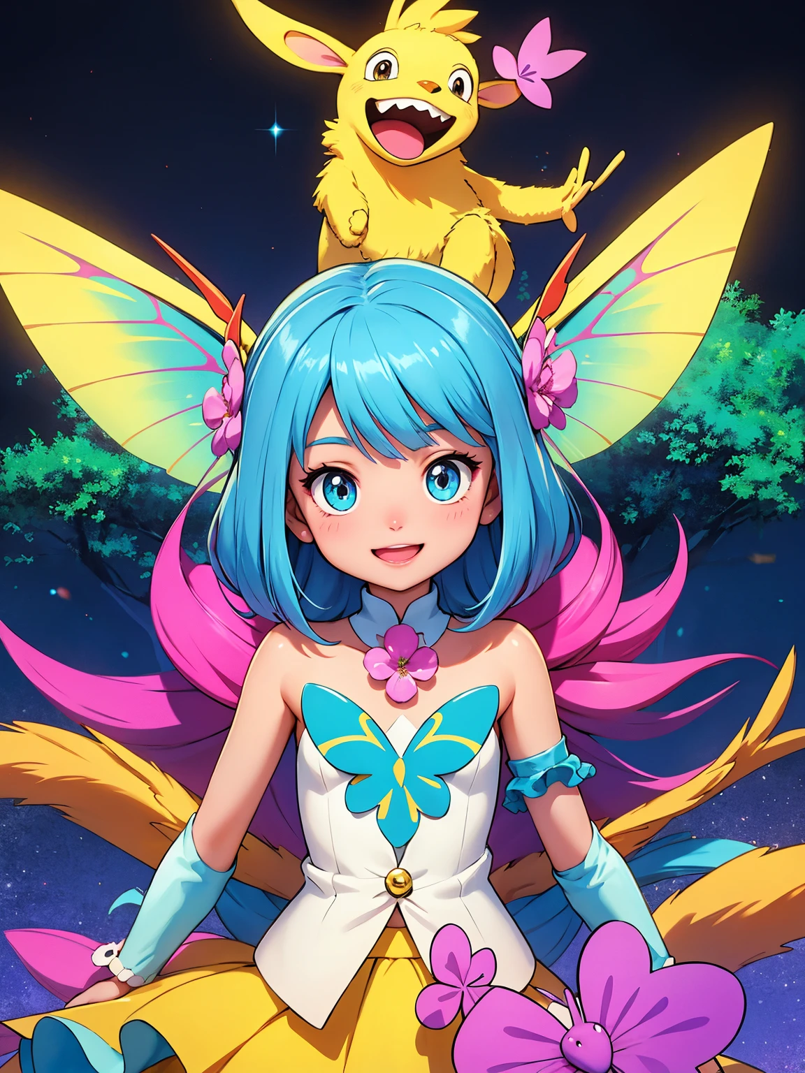 Digimon,having fun,1girl,illustration,colorful,vibrant lights,sparkling,detailed eyes,long hair,bright smile,playful pose,excited expression,towering trees,pixie dust,floating balloons,crystal clear water,butterflies,flowers,bubbly atmosphere,cute companions,fantasy world,magical adventure,best quality,ultra-detailed,realistic,photorealistic,portrait,vivid colors,daytime lighting