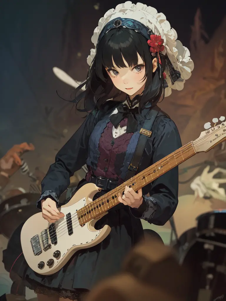 Chen Nian、Kawaii 1 Girl、Alone、solo、gothic lolita fashion、metal bands、guitar player、rock band、There are a lot of dragons in the b...