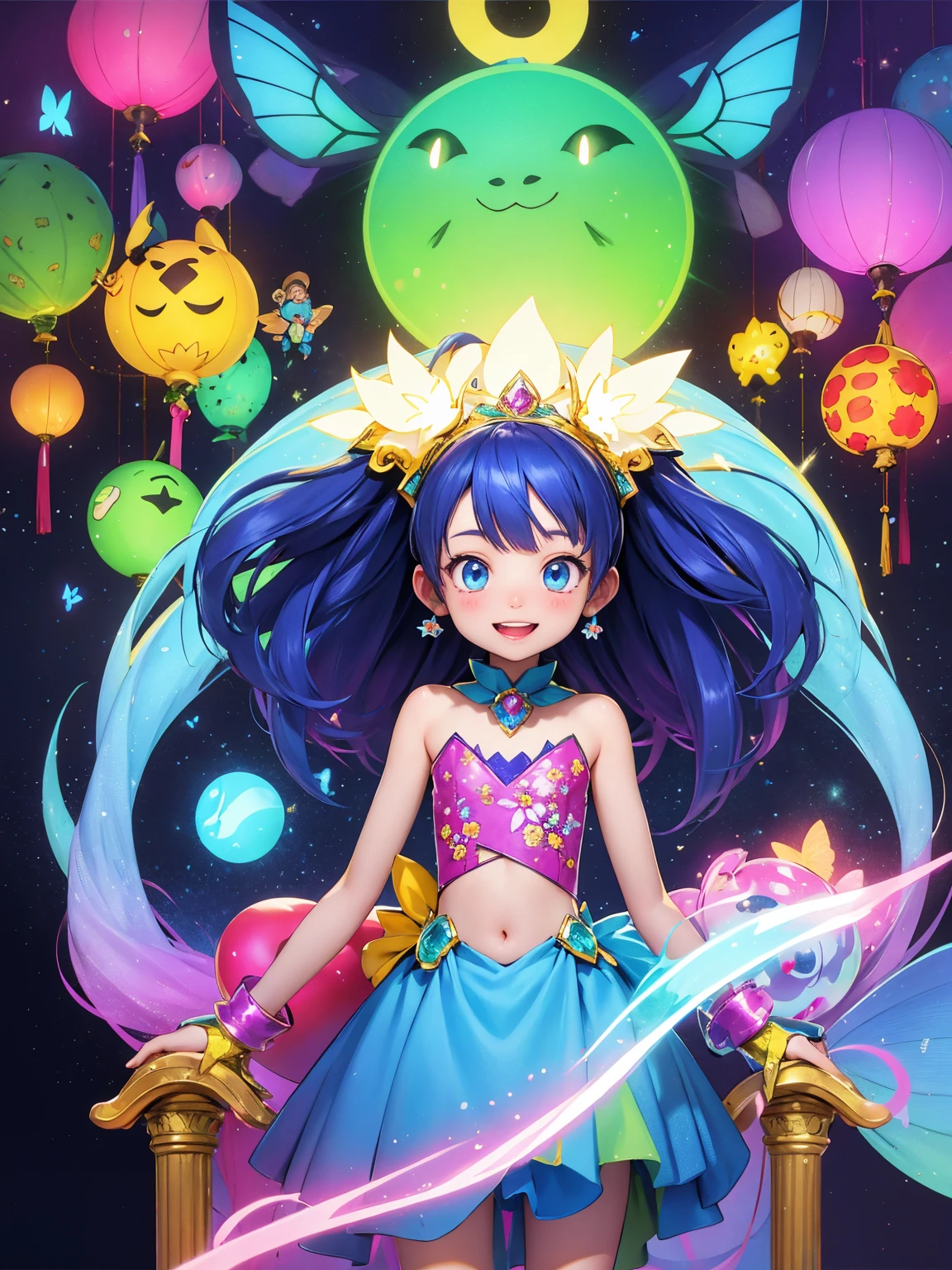 Digimon,having fun,1girl,illustration,colorful,vibrant lights,sparkling,detailed eyes,long hair,bright smile,playful pose,excited expression,towering trees,pixie dust,floating balloons,crystal clear water,butterflies,flowers,bubbly atmosphere,cute companions,fantasy world,magical adventure,best quality,ultra-detailed,realistic,photorealistic,portrait,vivid colors,daytime lighting