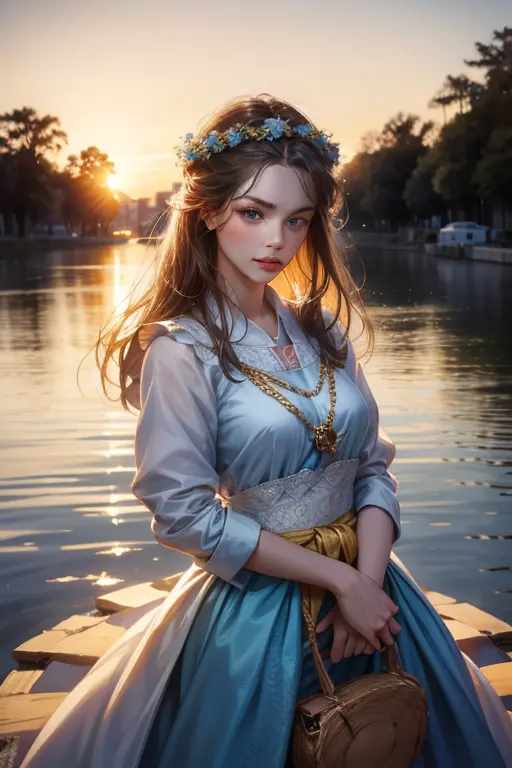 20-year-old woman in ukrainian costume corolla wreath wearing wreath on head blue eyes river and blue sky in background realisti...