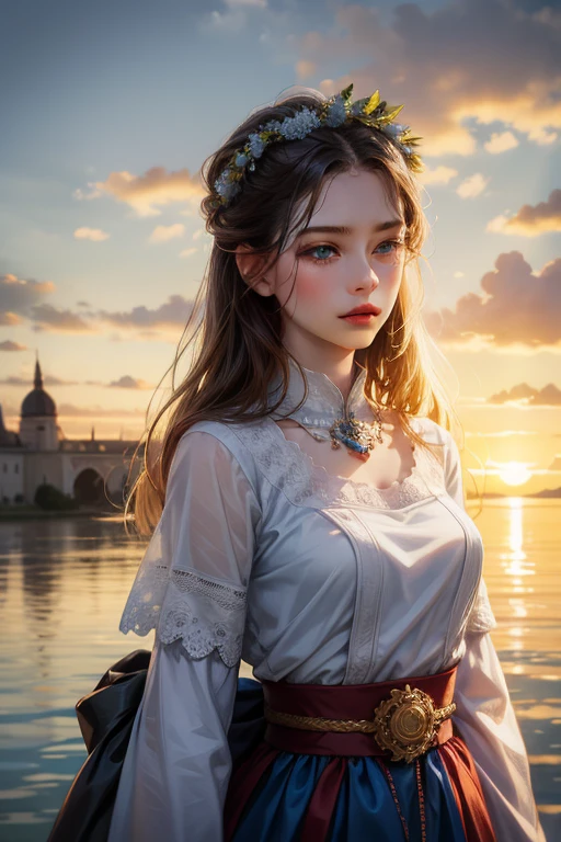 20-year-old woman in Ukrainian costume Corolla wreath wearing wreath on head Blue eyes River and blue sky in background Realistic illustration of afternoon light sunset