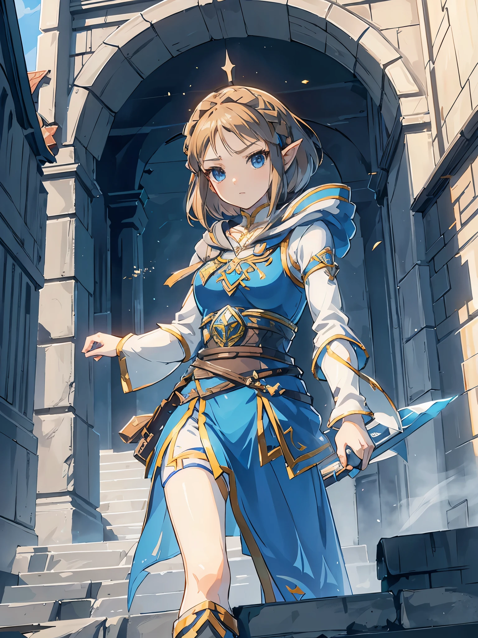 A full-body shot of Princess Zelda, brown hair, blue eyes, dressed as an Assassin from Assassins Creed, in white+gold witha white mask and hood with gold details, XL bust, using a wrist blade. Background: A city during the renaissance period. Unreal Engine 5, Anime, Anime style, Masterpiece, Well drawn eyes, well drawn face, well detailed eyes, well detailed face, 8k, light and shadow effect.  