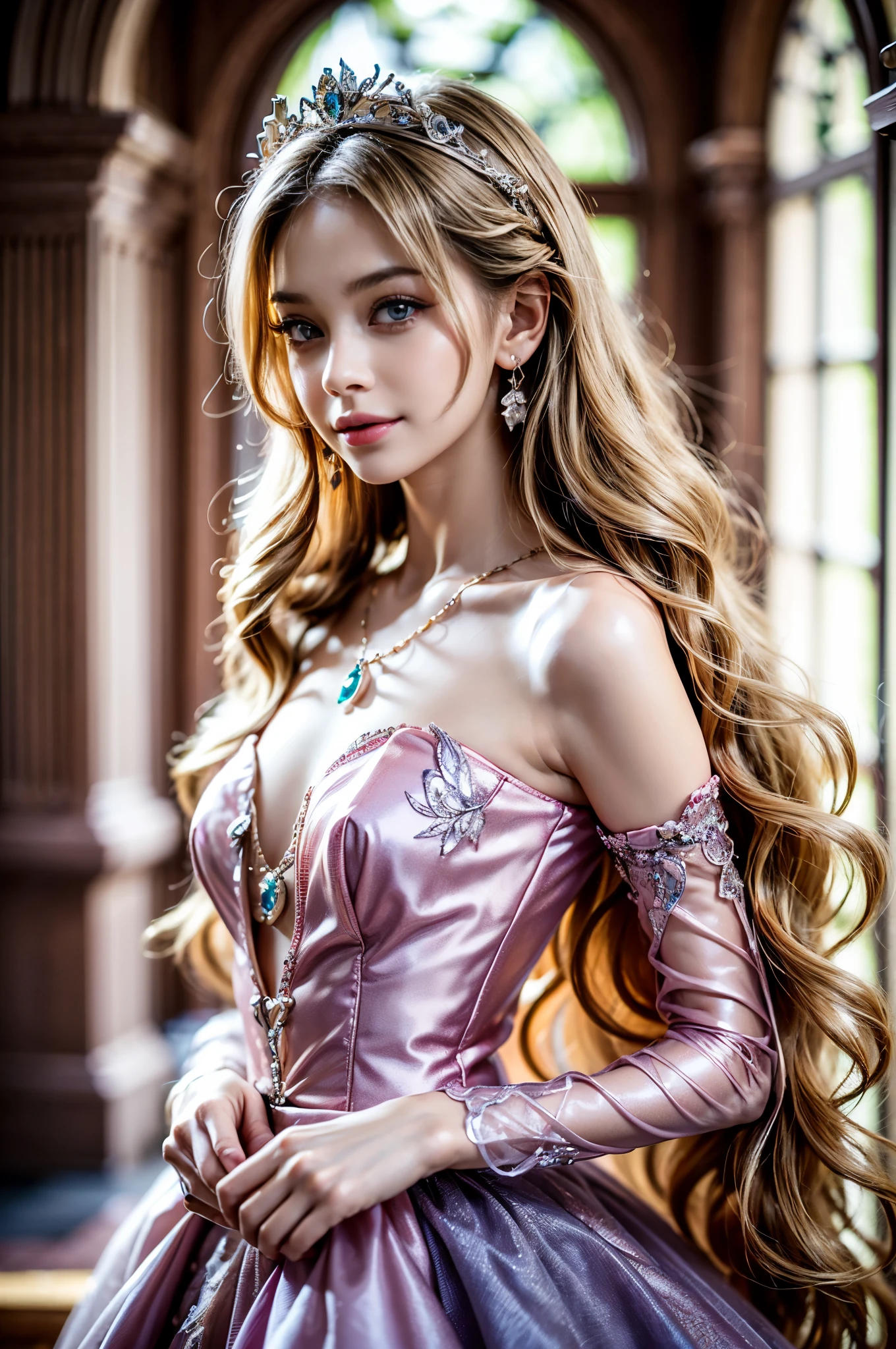 ((RAW shooting:1.5, realistic:1.5, 8K, highest quality, masterpiece, ultra high resolution)), Interior of a luxurious French royal palace, professional camera work:1.3, Highly detailed skin and facial textures:1.3, glow light effect, Super detailed:1.3, 1 cute 15 year old polish princess, Fair skin, Glossy skin, (elegant:1.4, small face), Ultimate Cute Face:1.5, (Eyes that give a sense of cleanliness:0.9, looking far away), smile:1.0, (mouth is slightly open:0.4, Clean and refreshing taste:0.7), double eyelid, ((super long blonde curl hair)), tiara, necklace and earrings, ((elegantで光沢のあるサテンのプリンセスドレスをオフショルダーで正しく着こなす方法)), breast size is medium, cowboy shot