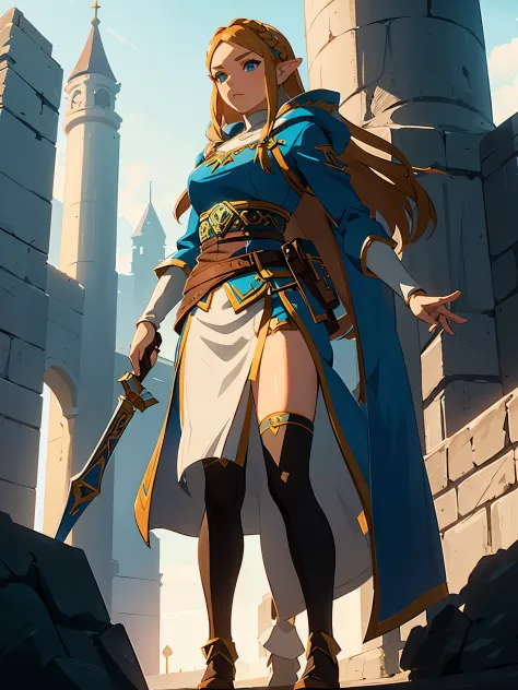 a full-body shot of princess zelda, brown hair, blue eyes, dressed as an assassin from assassins creed, in white+gold witha whit...