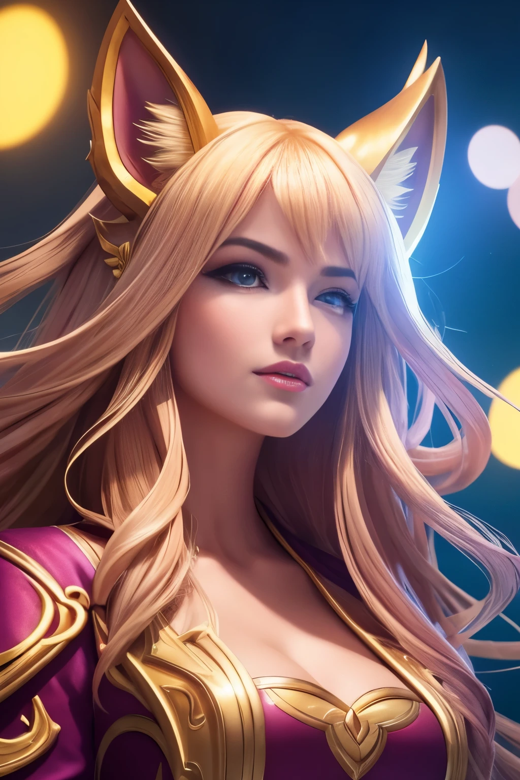 photorealistic, cinematic, (full body close-up), factral color filter, ultra realistic, ultra detailed and visually rich, full art illustration, ahri league of legends, fox, big blonde hair, detailed eyes, created with style festival, party, colorful fireworks explosion of colors, summer, enjoying summer,(((candid photography))), bright and enchanting, lights, details, water, neon, warm, peace of mind and illuminated, details rich in depth of field, subtle colors, fantastic party kingdom, extremely detailed, ultra sharp focus, particles of light, attention to detail, vast opening world, grandeur and awe, cinematic, stunning visual masterpiece, double exposure, photorealistic, scene cinematic, highest quality, 32k, octane rendering, (dynamic motion), dynamic pose, real graphics engine v5