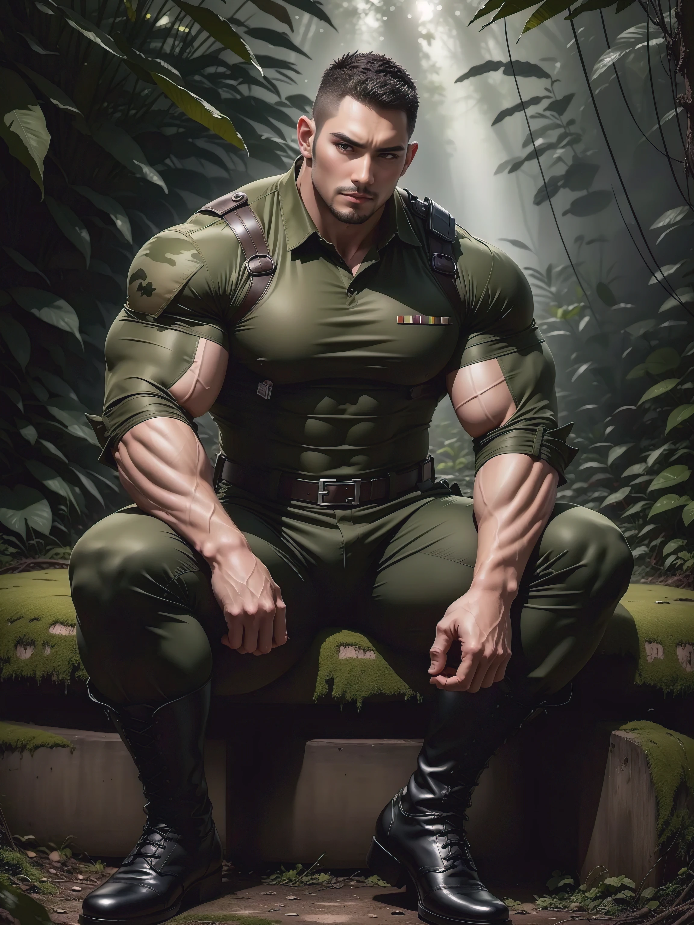 Sad frowning hoch giant muskulös man sitting in the forest，Dunkelbraune Militäruniform mit Camouflage-Muster，Charakteridee（Resident Evil - Chris Redfield，Chris Redfield）Seine Frisur ist ein Bürstenschnitt，身穿Dunkelbraune Militäruniform mit Camouflage-Muster，Matte Textur，Weiches und bequemes Sofa，Sitzen in einem unheimlichen Zuckerrohrdschungel, Der Körper ist mit dickem Rattan umwickelt，trauriger Ausdruck，Tiefe und bezaubernde Augen，Sapphire Eyes Schauspieler，heroische männliche pose，hoch urly，muskulös！Charmante Beinmuskulatur，hoch, Kräftig, Heqiang， 身穿Dunkelbraune Militäruniform mit Camouflage-Muster， super Gain und cool， Ausschuss für hohe Auflösung， Große Füße in schwarzen Stiefeln，Charmanter starker Mann，Der helle Sonnenschein scheint auf dich，matte Partikel，glänzende Textur