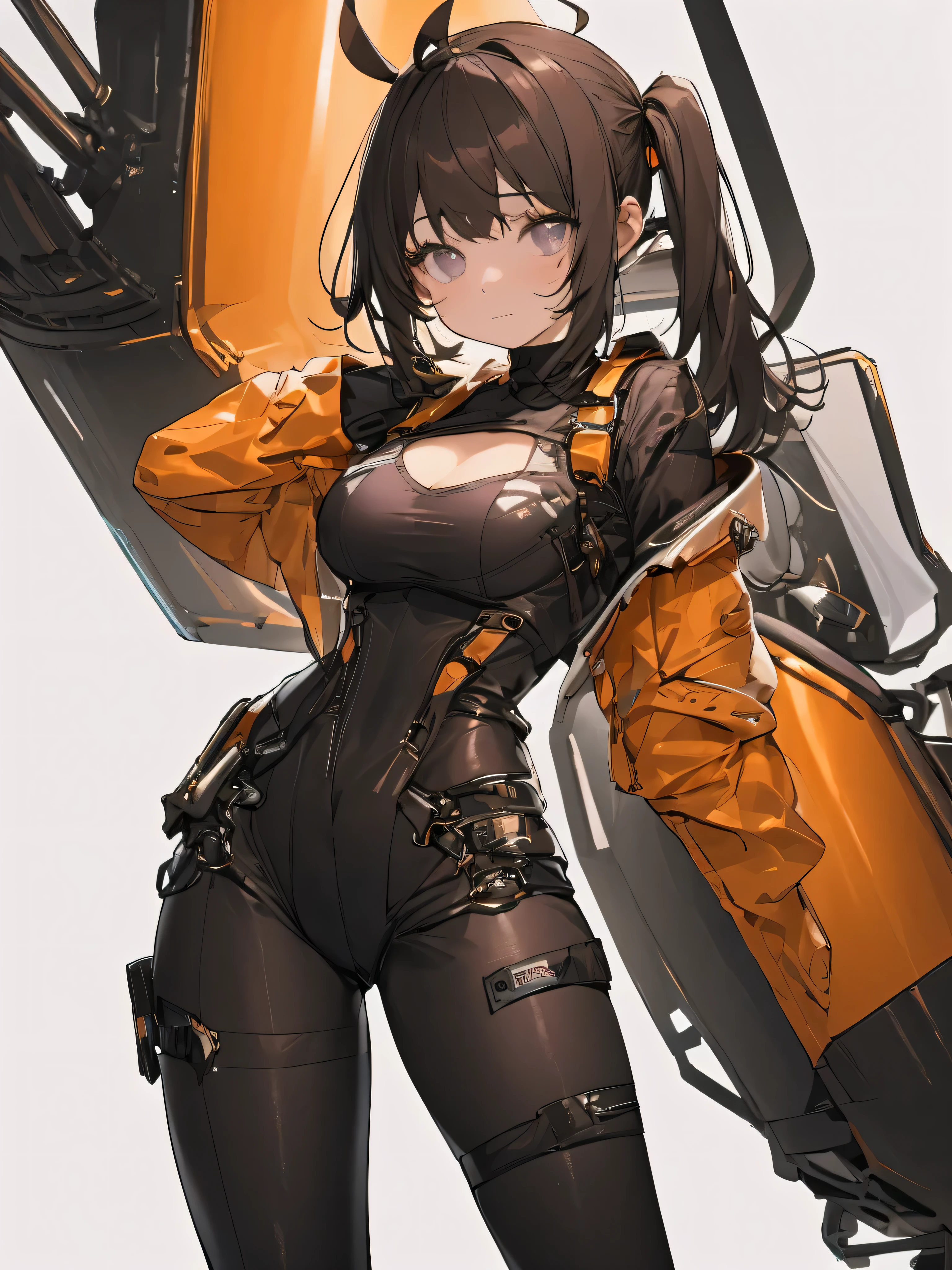 ((Best quality, 8K, Ultra-detailed, Masterpiece: 1.3)), 3 girl, Shiny skin, Sharp, Perfect body beauty, realistic shadow perfect body,("Black and dark orange bodysuit,futuristic,Transparent ":1.2),Big_Breasts ,Young girl, short girl,upper legs , indoors, White background,cleavage, standing arms down, fighter pilot harness,M legs， your ass, ("Dark Brown long hair, ahoge, black pupils dark purple eyes ,Sideswept parted hair":1.5), portrait shot,(" no background":2)