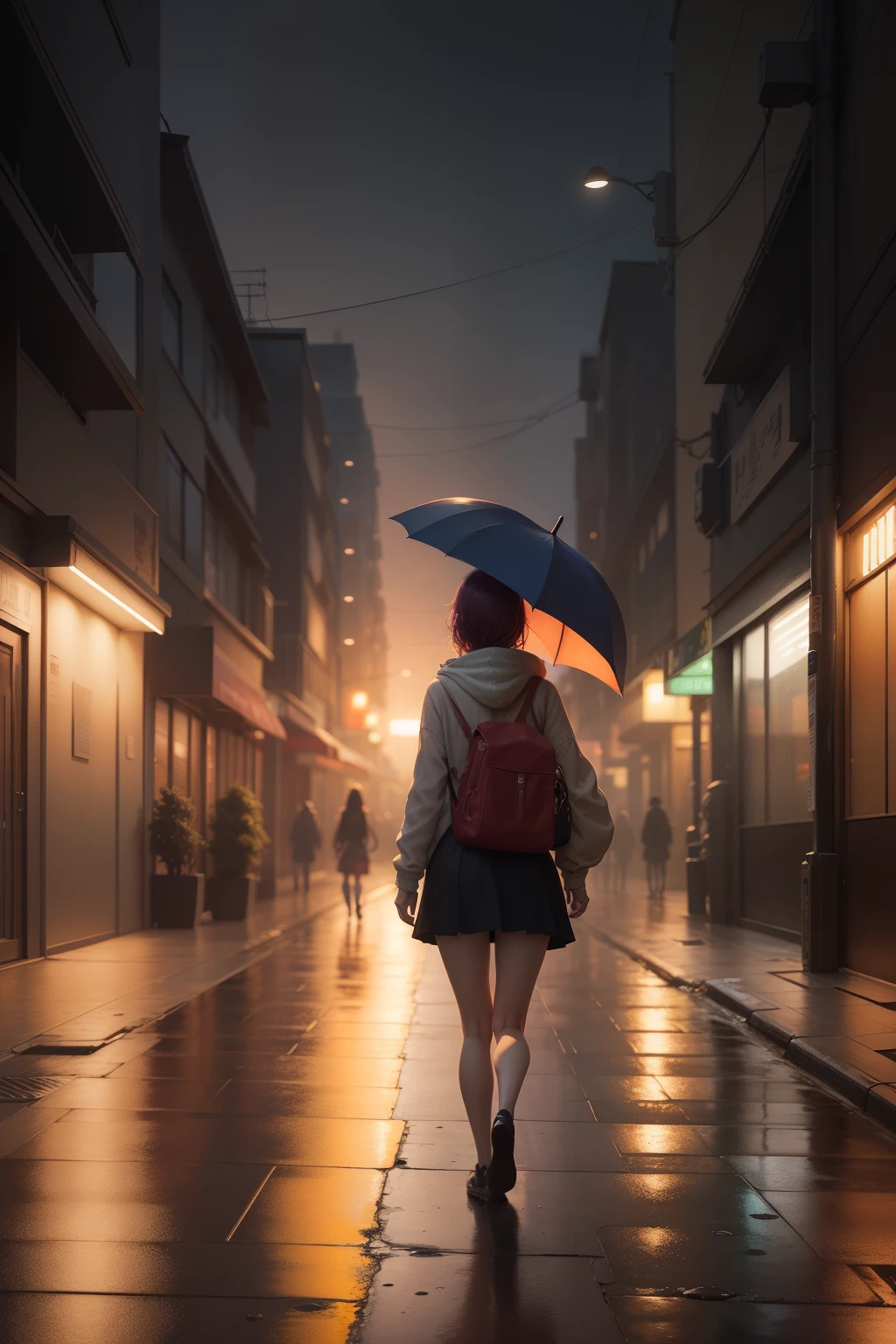 Il y a une jeune femme qui rentre chez elle avec un parapluie, femme dans la vingtaine, pluie légère, scène d&#39;anime de tokyo, style d&#39;alena aenami, coucher de soleil calme, belle scène d&#39;anime, animé atmosphérique, fond d&#39;écran animé 4k, fond d&#39;écran d&#39;art animé 8 k