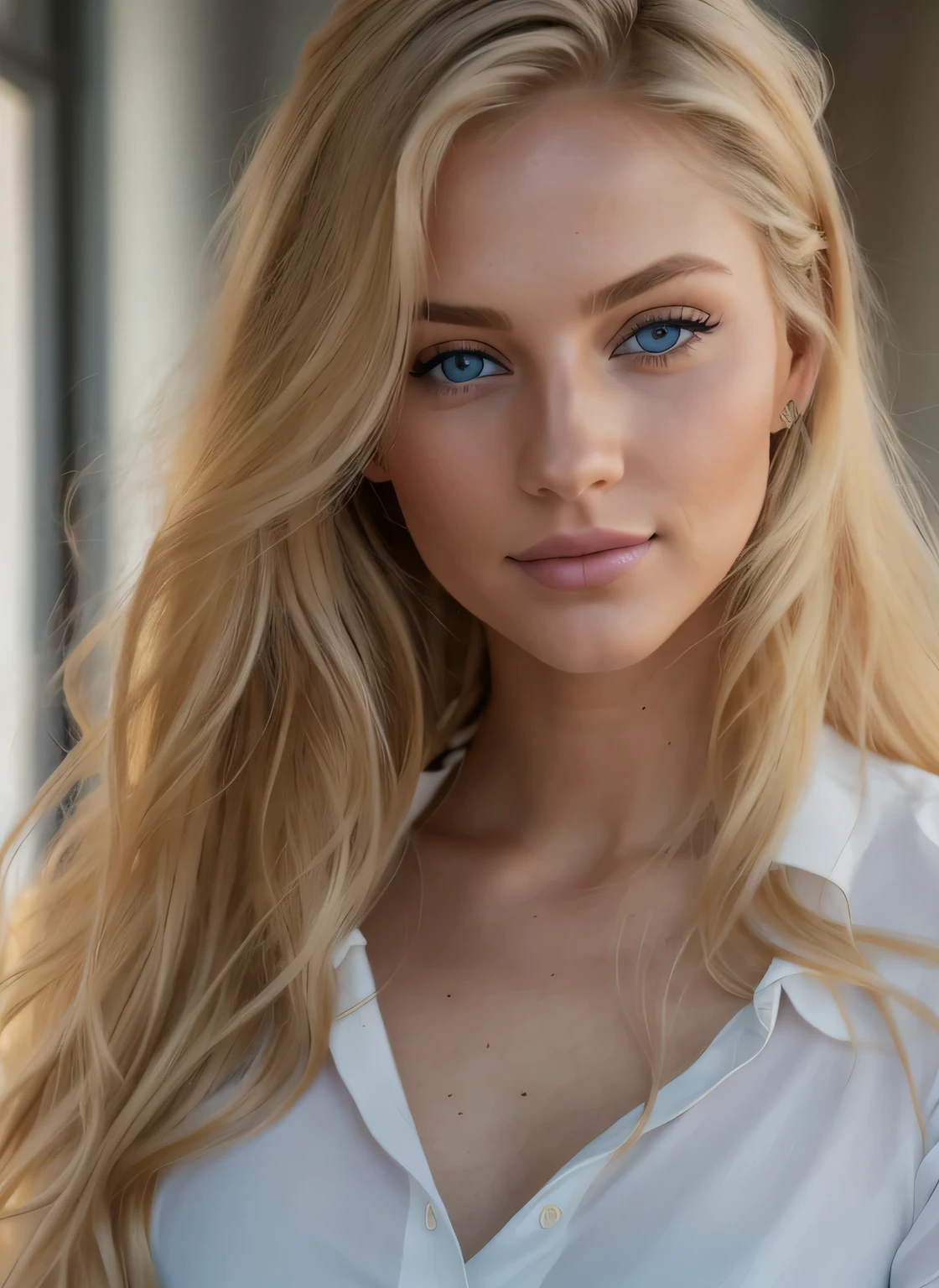 A close up of a woman with long blonde hair and blue eyes - SeaArt AI