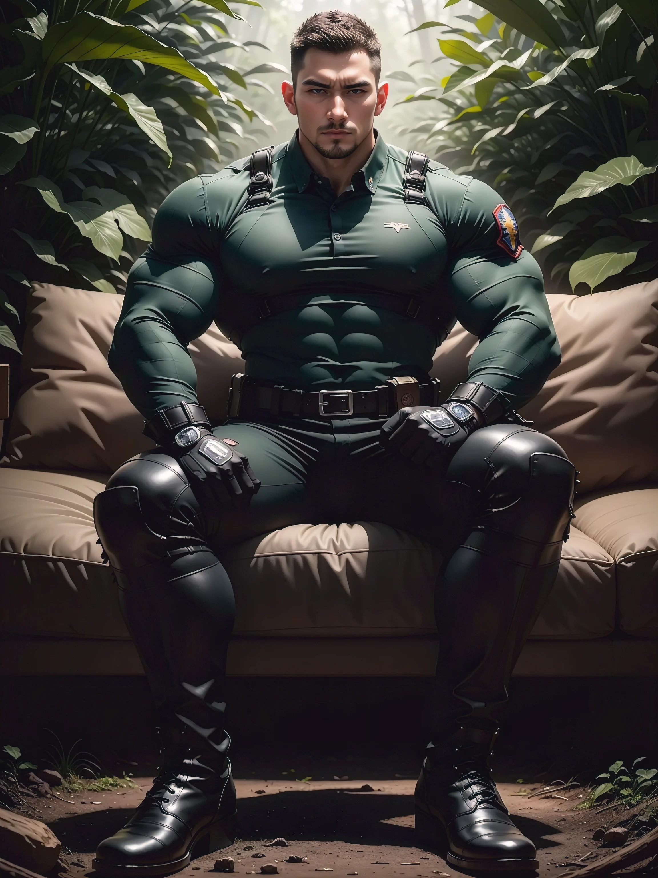 Sad frowning 高い giant 筋肉質 man sitting in the forest，黒の迷彩軍服，役割概念（Resident Evil - クリス・レッドフィールド，クリス・レッドフィールド）彼の髪型はクルーカット，身穿黒の迷彩軍服，マットな質感，柔らかくて快適なソファ，不気味なサトウキビのジャングルに座る, 厚い籐で包まれたボディ，悲しい表情，深くて魅力的な目，サファイアの目の男性主人公，勇敢な男性のポーズ，背が高くてがっしりした体格，筋肉質！魅力的な脚の筋肉，高い, 筋肉質, 鶴強， 暗い迷彩柄の軍服を着用， スーパーゲインとクール， 高解像度委員会， 黒いブーツを履いた大きな足，魅力的な強い男，明るい太陽があなたを照らします，光沢のある質感のマット粒子