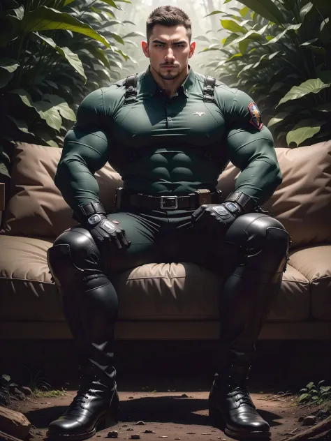 Sad frowning High giant muscular man sitting in the forest，black camouflage military uniform，role conception（Resident Evil - chr...