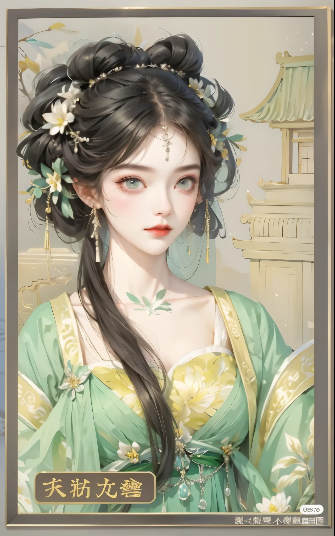 Um vestindo uma saia verde、Close de uma mulher com uma flor no cabelo, ((linda rainha da fantasia)), linda rainha da fantasia, Palácio ， Uma garota vestindo Hanfu, ancient princesa chinesa, bela pintura de figura, Inspirado por Qiu Ying, Inspirado por Lan Ying, China antiga, princesa chinesa, inspirado em Ma Yuanyu, Rainha da China