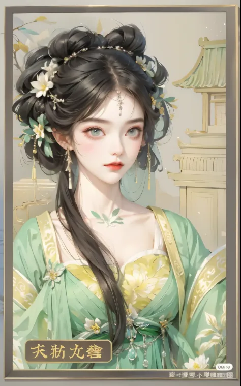 One  wearing a green skirt、Close-up of woman with a flower in her hair, ((beautiful fantasy queen)), beautiful fantasy queen, pa...