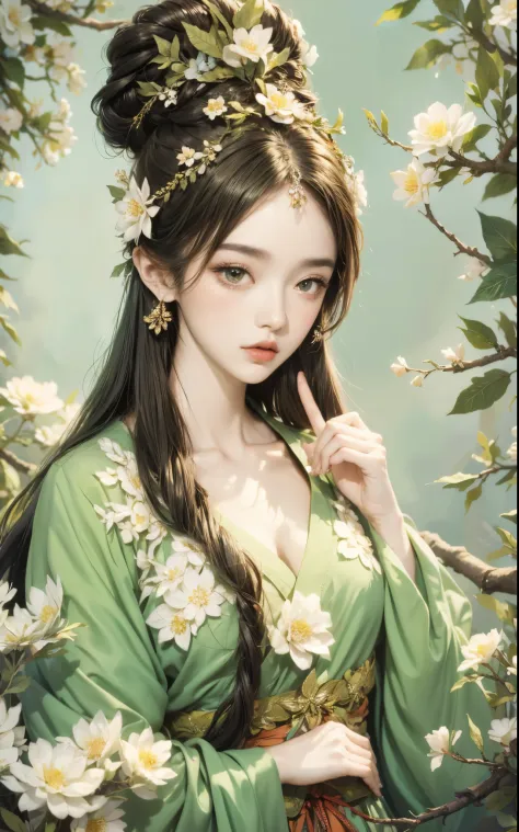 One  wearing a green skirt、Close-up of woman with a flower in her hair, ((beautiful fantasy queen)), beautiful fantasy queen, pa...