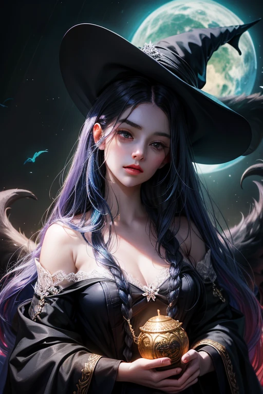 Coven Ahri, 1 garota, vestir, mangas destacadas, cabelo multicolorido, cabelo preto com estrias de cabelo grandes brancas, franja, preto ondulado, cabelo ondulado, orelhas de animais, olhos amarelos, very pale skin, maquiagem roxa escura, batom preto, in a dark ambient landscape setting with dark lighting, durante a noite, obra de arte, melhor qualidade, arte premiada, maravilhoso, cabelo preto com grandes estrias de cabelo branco, ambiente escuro, coven, maravilhoso, retrato, fechar o rosto, detalhado