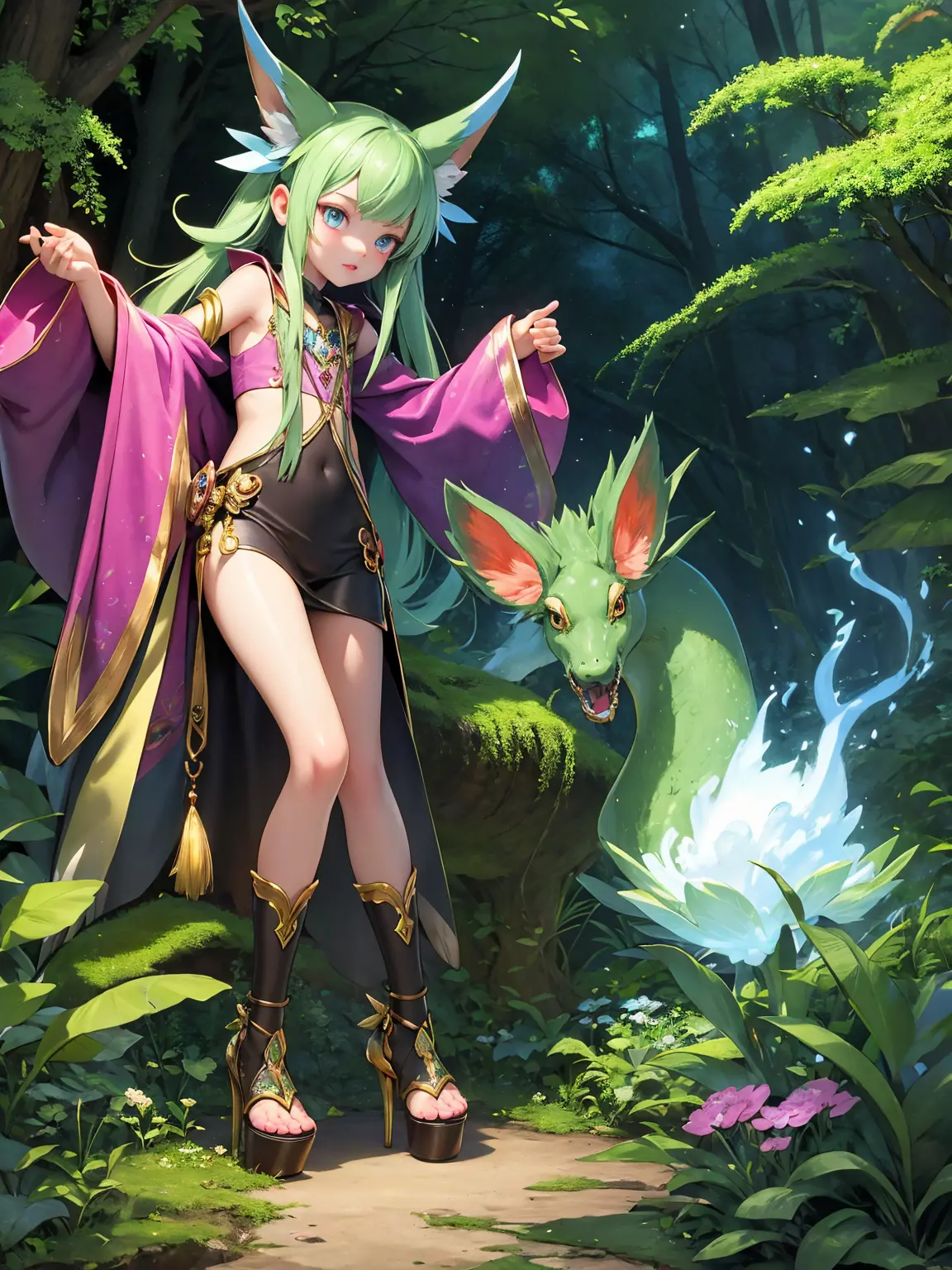 A magical forest with a Digimon and 1 girl, created using digital illustration techniques. The girl has beautiful detailed eyes,...