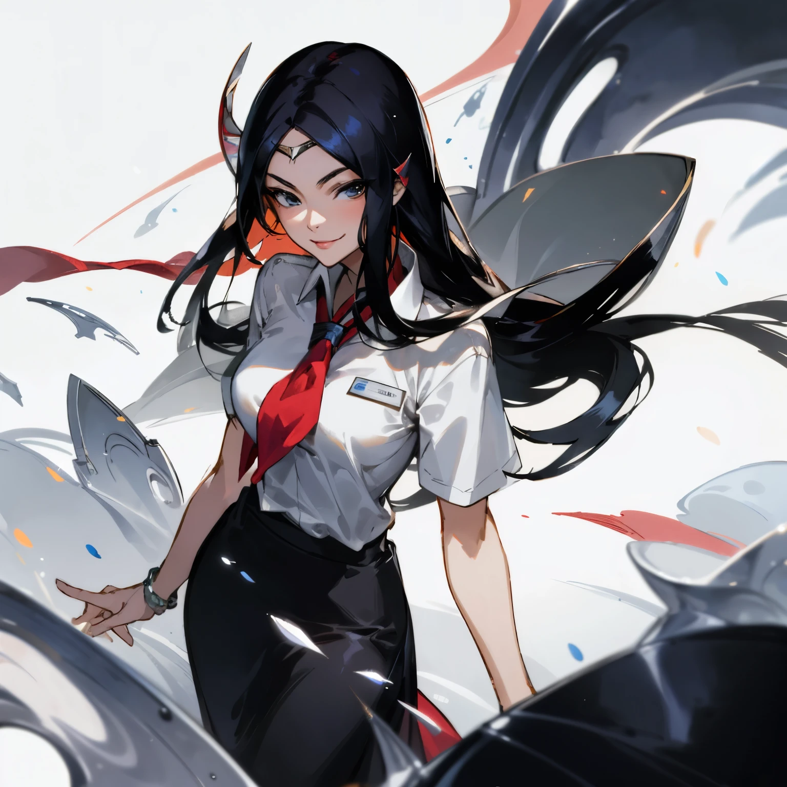 (masterpiece, high quality), 1woman, Irelia, office, office lady, id card, breasts, smirk face, smirk, black hair, white shirt, black skirt, detailed, 