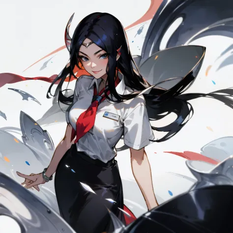 (masterpiece, high quality), 1woman, irelia, office, office lady, id card, breasts, smirk face, smirk, black hair, white shirt, ...