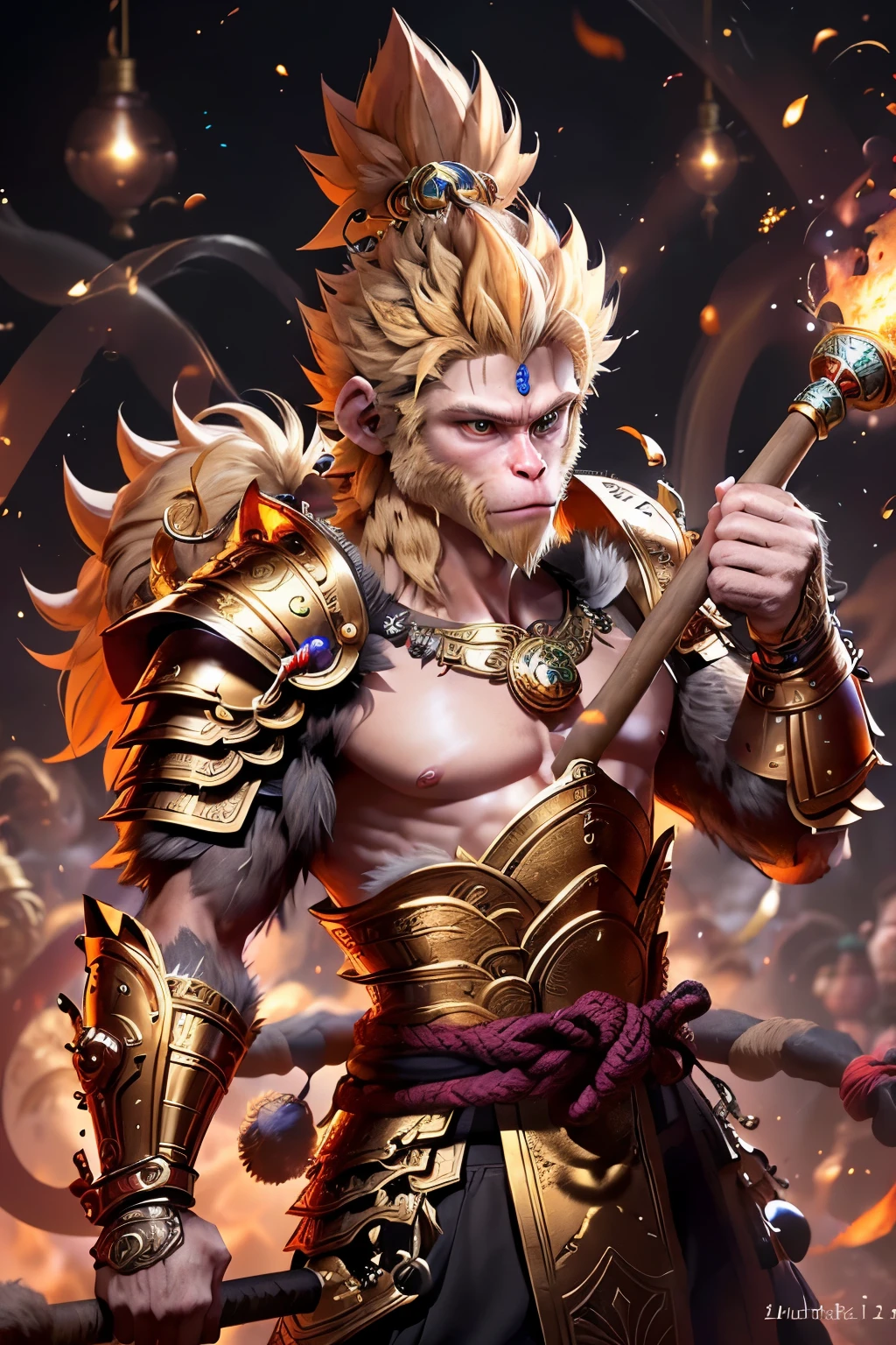 Un mono macho personificado con un garrote dorado en la mano., sol wukong, wukong, Doufo, manos normales, Ojos brillantes y valientes de fuego y oro., un mono personificado muy hermoso,(Obra maestra, la mejor criatura detallada, sol wukong, cabello dorado, Usa Golden Circlet, Use una armadura de atuendo tradicional,（salpicaduras de tinta abstracta：1.2),