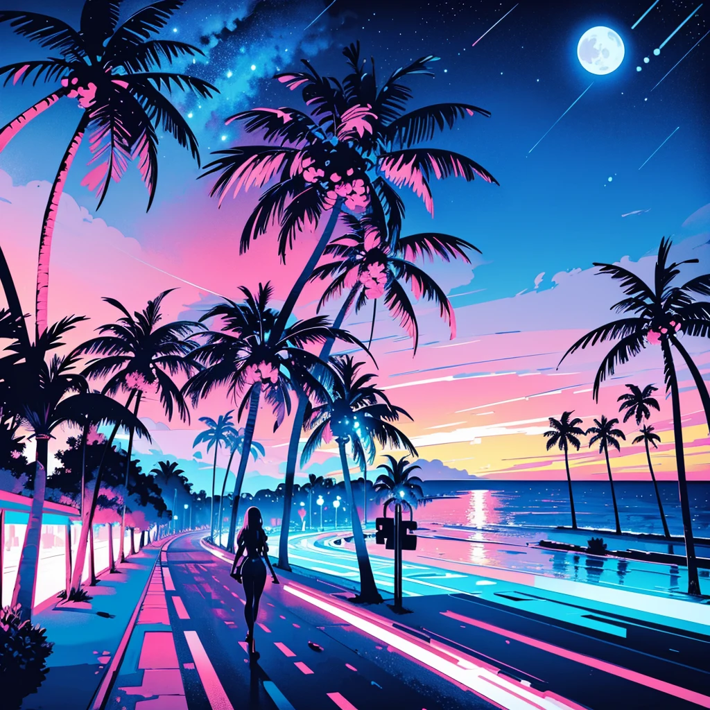 (cyberpunk road by the sea, pink glowing road, starry blue sky, big moon, palm trees), (classic convertible car), (low contrast, flat color, limited palette)