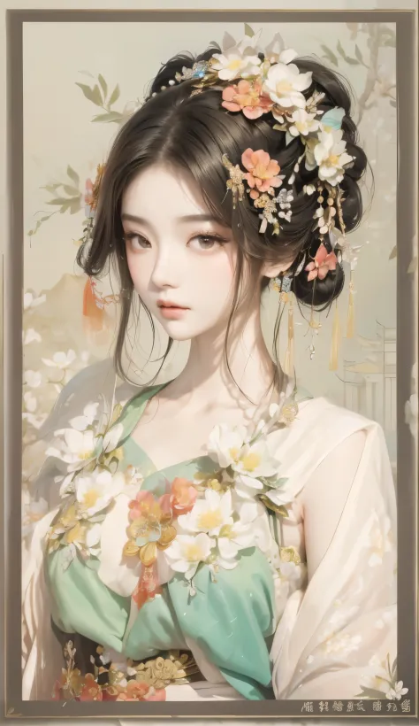 Close-up of woman with a flower in her hair, ((beautiful fantasy queen)), beautiful fantasy queen, palace ， A girl wearing Hanfu...