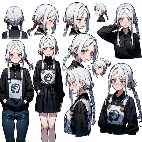 21 years old, white hair girl, armpit length hair (((Whimpering,Embarrassed face, excited face, angry face))) Jeans and tight top, ((Odango hairstyle)) (((Detailed Character Sheet, Front view, Side view, three quarter view))) (((white background)))
