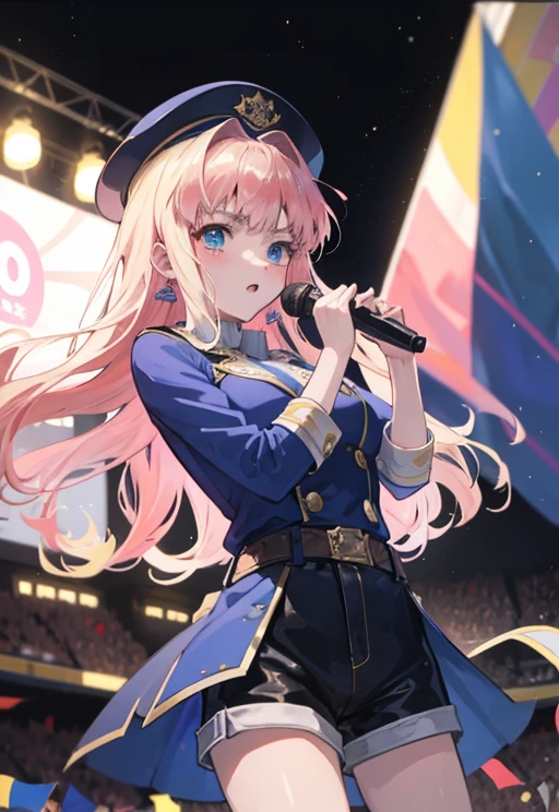 (anime:1.1), highest quality, table top,
1 girl, sherly nome, colorful hair, blonde hair, pink hair, gradient hair long hair, medium breasts, blue eyes, mature woman,  looking at the viewer, Pretentious，Stage Performance, hot air，Police hat,Police uniform,Flag with a long pole on the left,Shorts on the right hand rests on the waist,Knee-high boots，Bring your hair back，Idol singer standing in the center of the stage，Idol singer holding a microphone and singing， Idol singer&#39;s serious and powerful expression. The singer&#39;s voice is strong and beautiful，fans gather around the stage， Fans are singing and dancing with idol singers