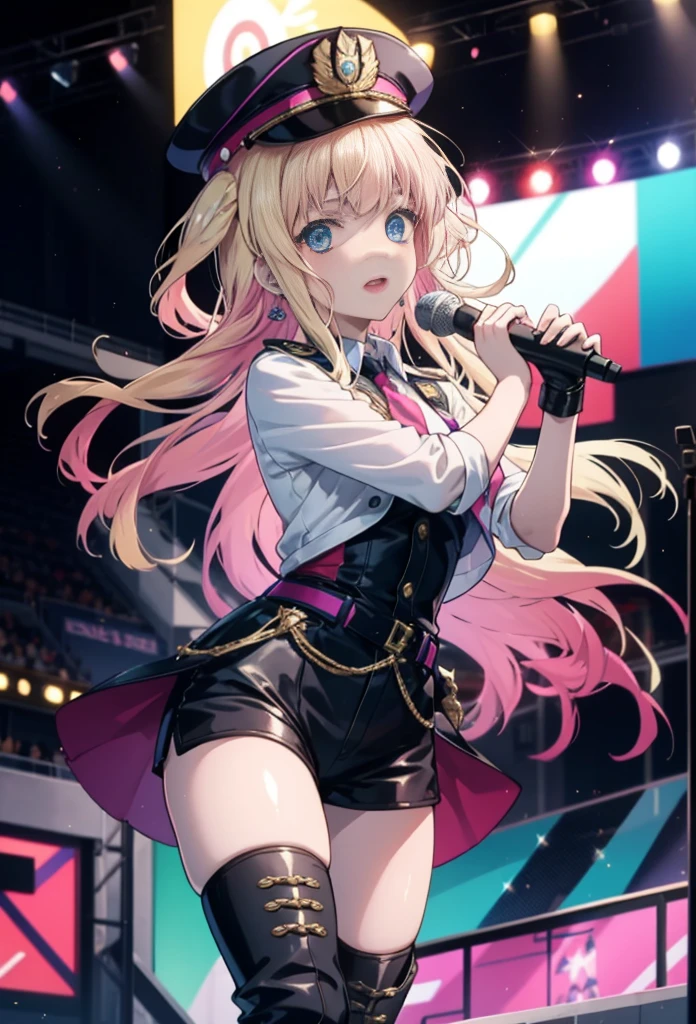 (anime:1.1), highest quality, table top,
1 girl, sherly nome, colorful hair, blonde hair, pink hair, gradient hair long hair, medium breasts, blue eyes, mature woman,  looking at the viewer, smile，Stage Performance, hot air，Police hat,Police uniform,Flag with a long pole on the left,Shorts on the right hand rests on the waist,Knee-high boots，Bring your hair back，Idol singer standing in the center of the stage，Idol singer holding a microphone and singing， Idol singer&#39;s serious and powerful expression. The singer&#39;s voice is strong and beautiful，fans gather around the stage， Fans are singing and dancing with idol singers