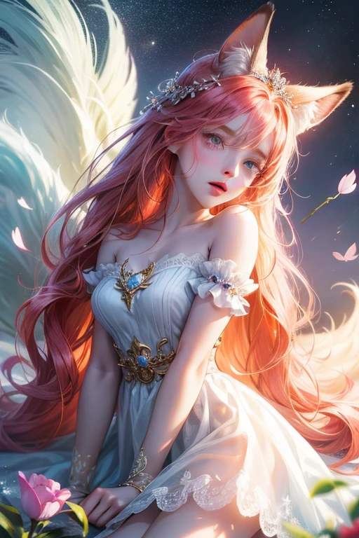 Nove caudas de raposa brancas de neve (1.0), cauda de raposa leitosa (1.0), Fox close-up de nove caudas, Nove Caudas, Nove Caudas, Menina anime com cabelo rosa e vestido rosa com flores em seu cabelo, very menina raposa anime bonita, menina raposa anime bonita, belo anime de fantasia, Guweiz, menina anime com orelhas de raposa, linda garota de anime, menina raposa muito bonita e bonito, chuva da flor cor-de-rosa, desfoque de fundo, estilo anime 4k, arte de fantasia de anime, Papel de parede de anime 4K, Obras de arte no estilo Guvez