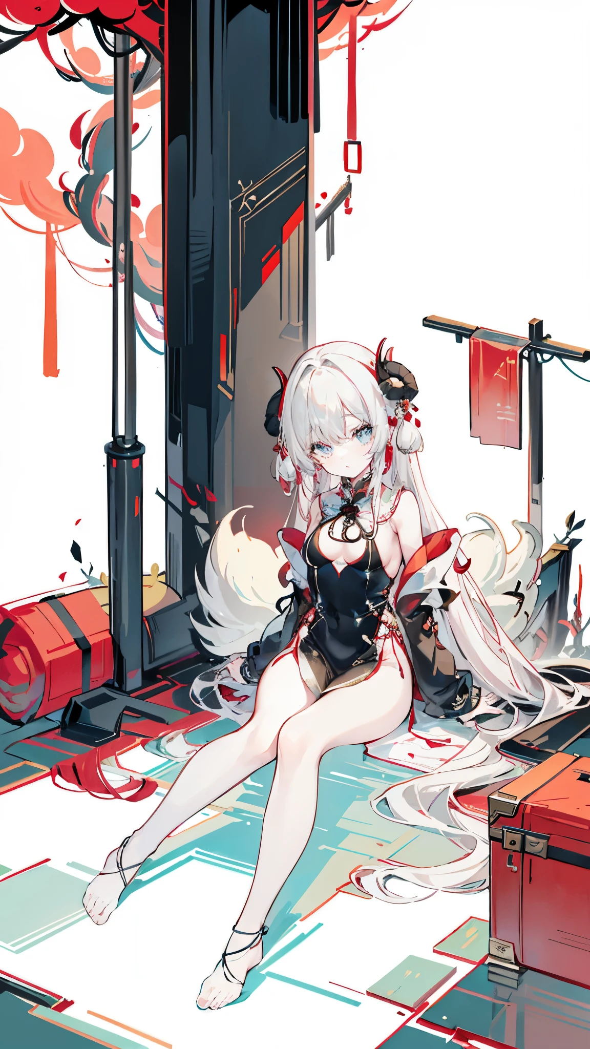 a girl，Sheep&#39;s horn, full color,  long white hair, Red eyes ，Eyeliner,  black transparent clothes, Red, open air, Rose, night, ruins, Butterfly，mine same as the original, mine, , (:1.2)
rest, (cheongsam), (view from below), (Put your arms behind your back), (wild lift), thin dress, Crotch cutout, 
rest looking at viewer, 
rest, Home,
rest (masterpiece:1.2), best quality, high resolution, unified 8k wallpaper, (illustration:0.8), (Beautiful and delicate eyes:1.6), extremely detailed face, perfect lighting, Very detailed cg, (perfect hands, perfect anatomy),soles of feet，sitting，blond，red lips，Temperament