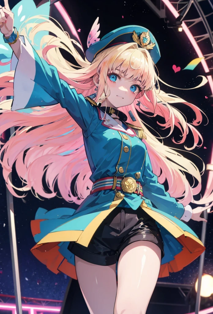 (anime:1.1), highest quality, table top,
1 girl, sherly nome, colorful hair, blonde hair, pink hair, gradient hair long hair, medium breasts, blue eyes, mature woman,  looking at the viewer, smile，Stage Performance, hot air，Police hat,Police uniform,Flag with a long pole on the left,Shorts on the right hand rests on the waist,Knee-high boots，Bring your hair back，Idol singer standing in the center of the stage，Idol singer holding a microphone and singing， Idol singer&#39;s serious and powerful expression. The singer&#39;s voice is strong and beautiful，fans gather around the stage， Fans are singing and dancing with idol singers