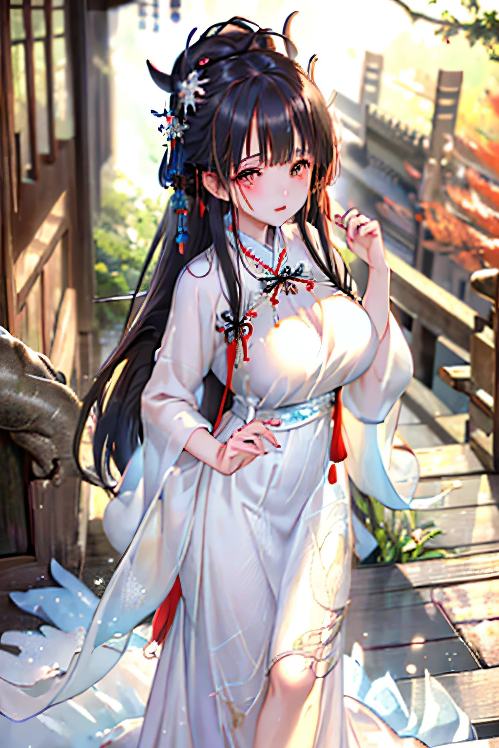 (masterpiece:1.5),(best quality:1.5),(ultra-detailed:1.5),illustration,cowboy shot,1girl,solo,(buildings),perfect face,lustrous skin,long hair,beautiful detailed eyes,beautiful flowing hair,(ru_qun:1.5),(hanfu:1.5),chinese clothes, white dress,white thighhighloom),lighting, ray tracing,outdoors,  mountains, nature,hair ornament, hair ribbon,hand on hip,looking at viewer,ahoge,large breasts, (deep depth of field:1.5),hair ornament, forest,barefoot sandals, Giant Breast Girl，Beautiful eye and face details，tmasterpiece，Best quality at best，，The chest more exposed