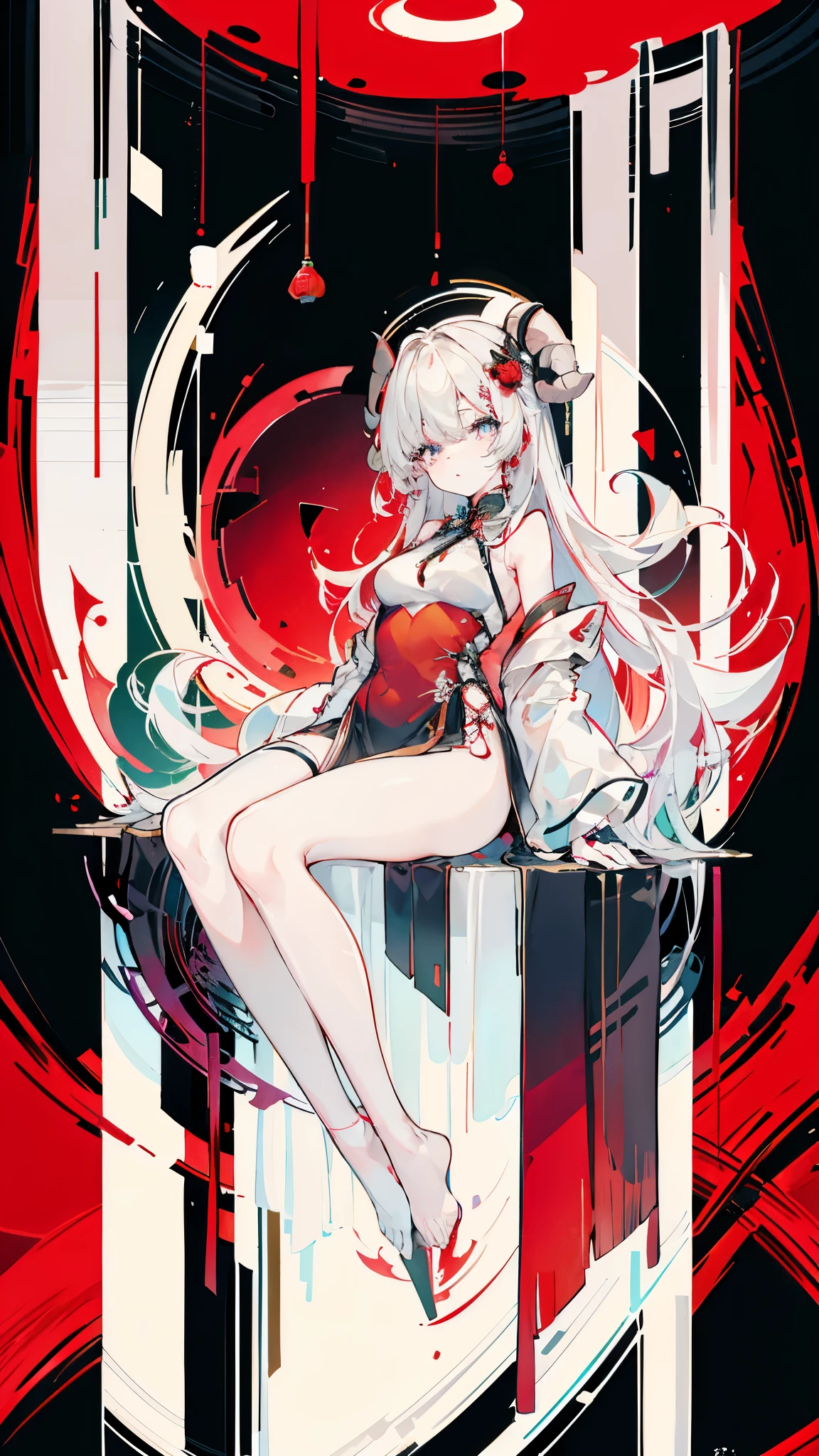 a girl，Sheep&#39;s horn, full color,  long white hair, Red眼睛 ，Eyeliner,  black transparent clothes, Red, open air, Rose, night, ruins, Butterfly，mine same as the original, mine, , (:1.2)
rest, (cheongsam), (view from below), (Put your arms behind your back), (wild lift), thin dress, Crotch cutout, 
rest looking at viewer, 
rest, Home,
rest (masterpiece:1.2), best quality, high resolution, unified 8k wallpaper, (illustration:0.8), (Beautiful and delicate eyes:1.6), extremely detailed face, perfect lighting, Very detailed cg, (perfect hands, perfect anatomy),soles of feet，sitting，blond，red lips，temperament