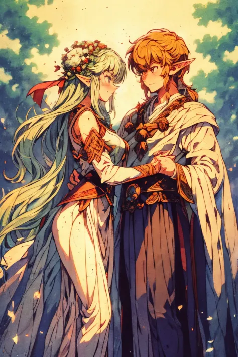 
(A couple, beautiful elf girl and elf boy), big watery eyes,elfs, looking at each other, smiling and wearing white clothes,
 delicate hair, an ancient Chinese beauty and Handsome guy, wearing ancient Chinese clothing, flowing tulle, light silk,(clean back...