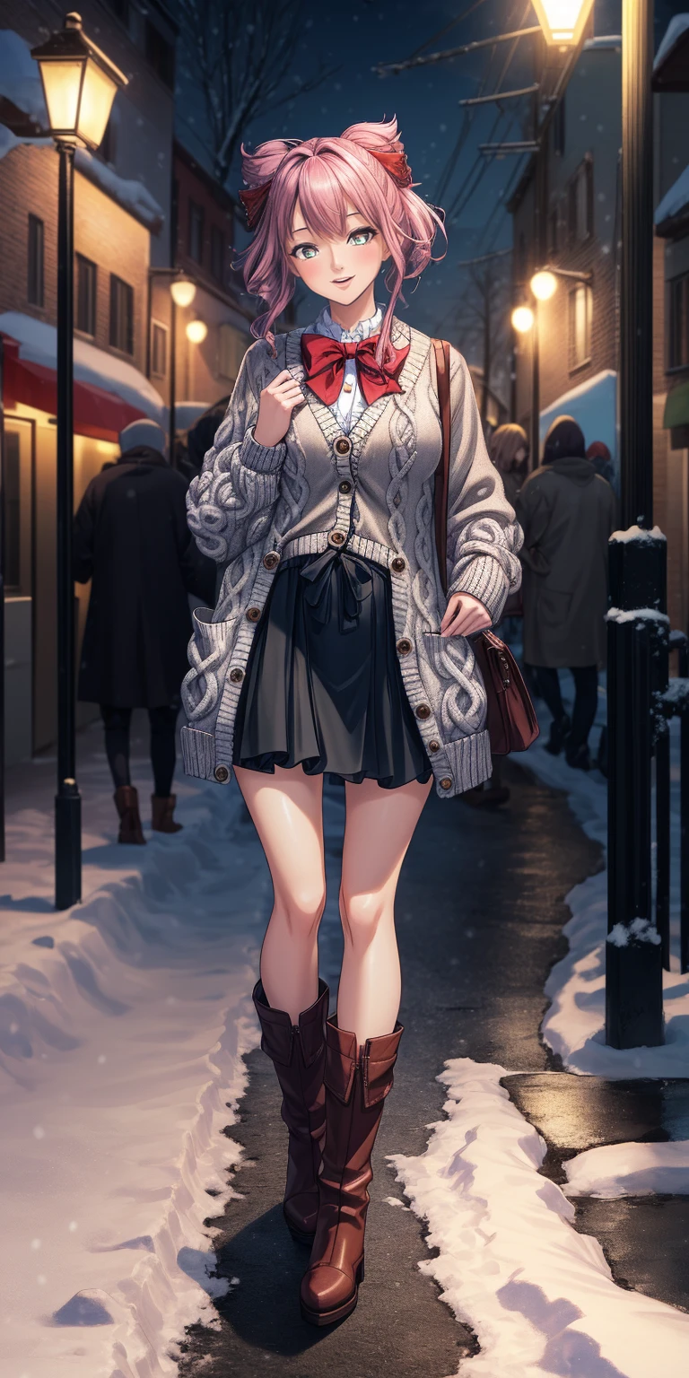 (masterpiece:1.2), best quality, highres, original, (extremely detailed:1.2), ultra-detailed, wallpaper, perfect lighting,(extremely detailed CG:1.2), 8k, anime illustration, 1girl, solo, smiling, (winter outfit:1.2), standing on the street, (knit cardigan:1.1), (bowknot on cardigan:1.25), knee-length skirt, (Ruffled hemline:1.3), winter boots, {delicate|detailed}clothes, (anatomically correct:1.34), close-up, full-body, looking at viewer, frontal, snowy street, (streetlight:1.17), city background, night, unity 4k
