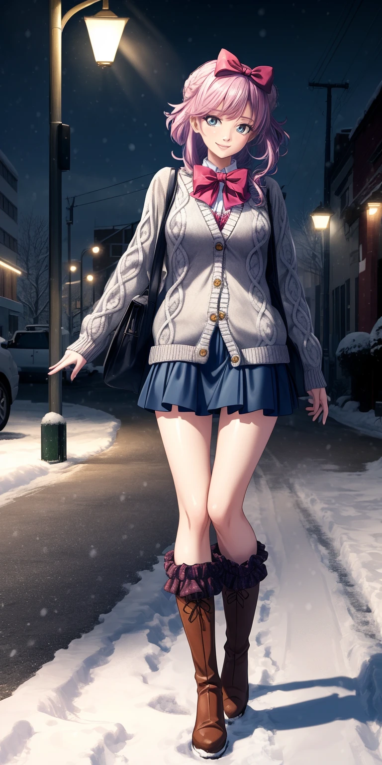 (masterpiece:1.2), best quality, highres, original, (extremely detailed:1.2), ultra-detailed, wallpaper, perfect lighting,(extremely detailed CG:1.2), 8k, anime illustration, 1girl, solo, smiling, (winter outfit:1.2), standing on the street, (knit cardigan:1.1), (bowknot on cardigan:1.25), knee-length skirt, (Ruffled hemline:1.3), winter boots, {delicate|detailed}clothes, (anatomically correct:1.34), close-up, full-body, looking at viewer, frontal, snowy street, (streetlight:1.17), city background, night, unity 4k
