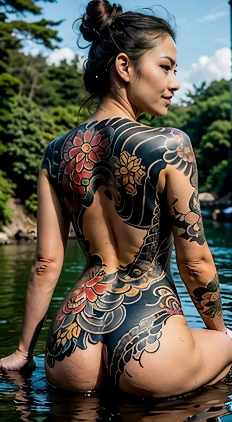8k, high res, HQ, UHD, (photorealistic:1.4), masterpiece, hyper-realistic detailed photography of beautiful (japanese yakuza girl:1.4), undressed, 17 years old, (sitting pose:1.3, exposed back), (on the stone, river, waterfall, forest), slim fit body with ...