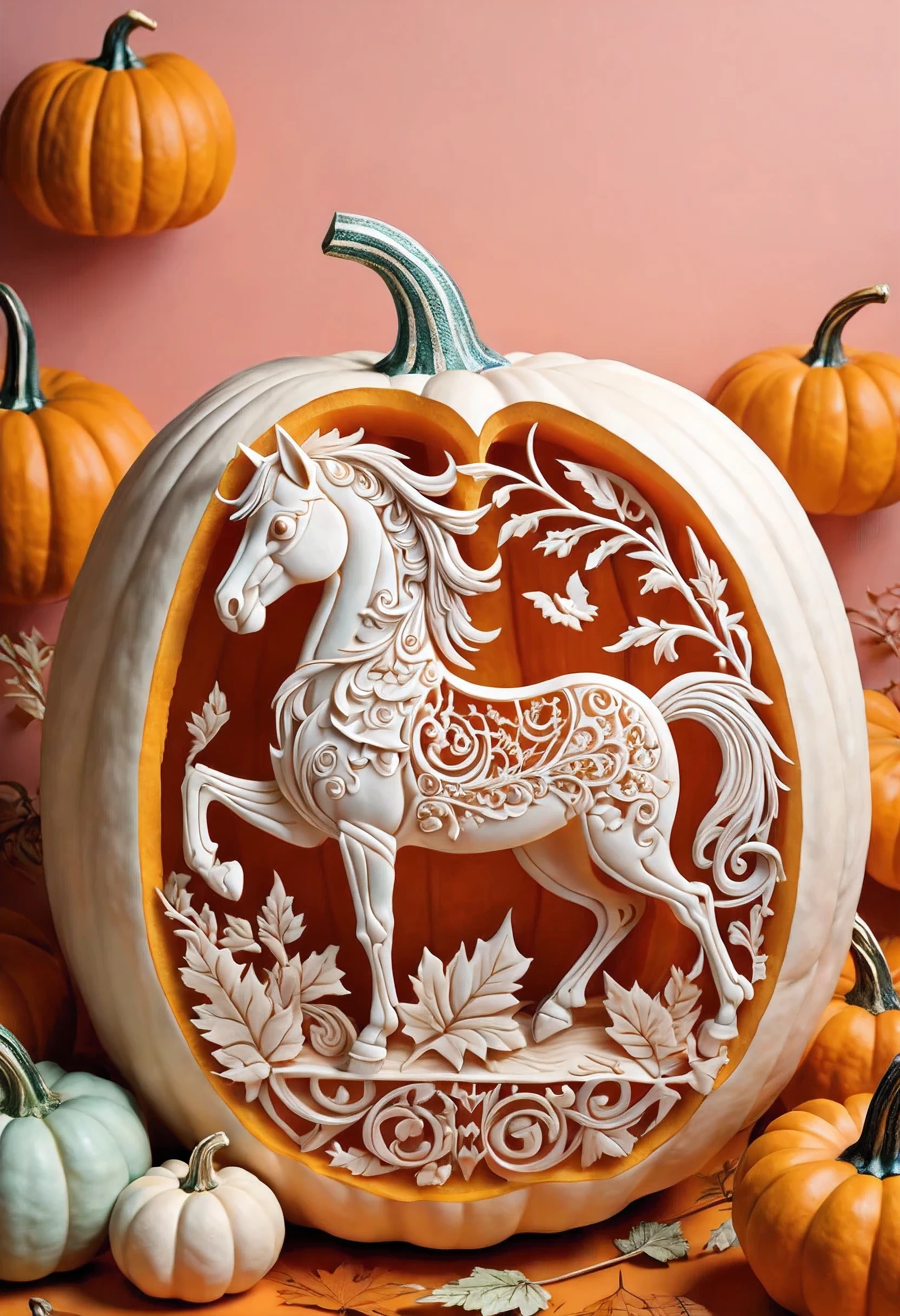 detailed intricate pumpkin carving like a cute pegassuasterpiece art), pastel background, carving tools 