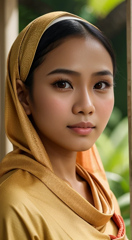 typisches malaiisches Mädchen mit natürlichem Hautton, kein Make up, nacktes Gesicht, verkörpert die Essenz einer malaiischen Umgebung, stelle sie als gewöhnliches malaiisches Mädchen dar. Mit Schal und traditioneller malaiischer Kleidung. ultra-scharfer Fokus, realistischer Schuss, tetradische Farben.
